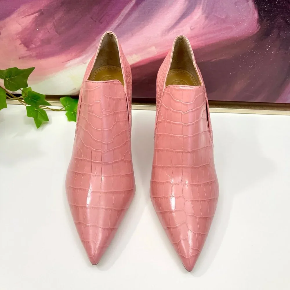 Tory Burch Pink Croc-Embossed Pointed Toe Ankle Booties